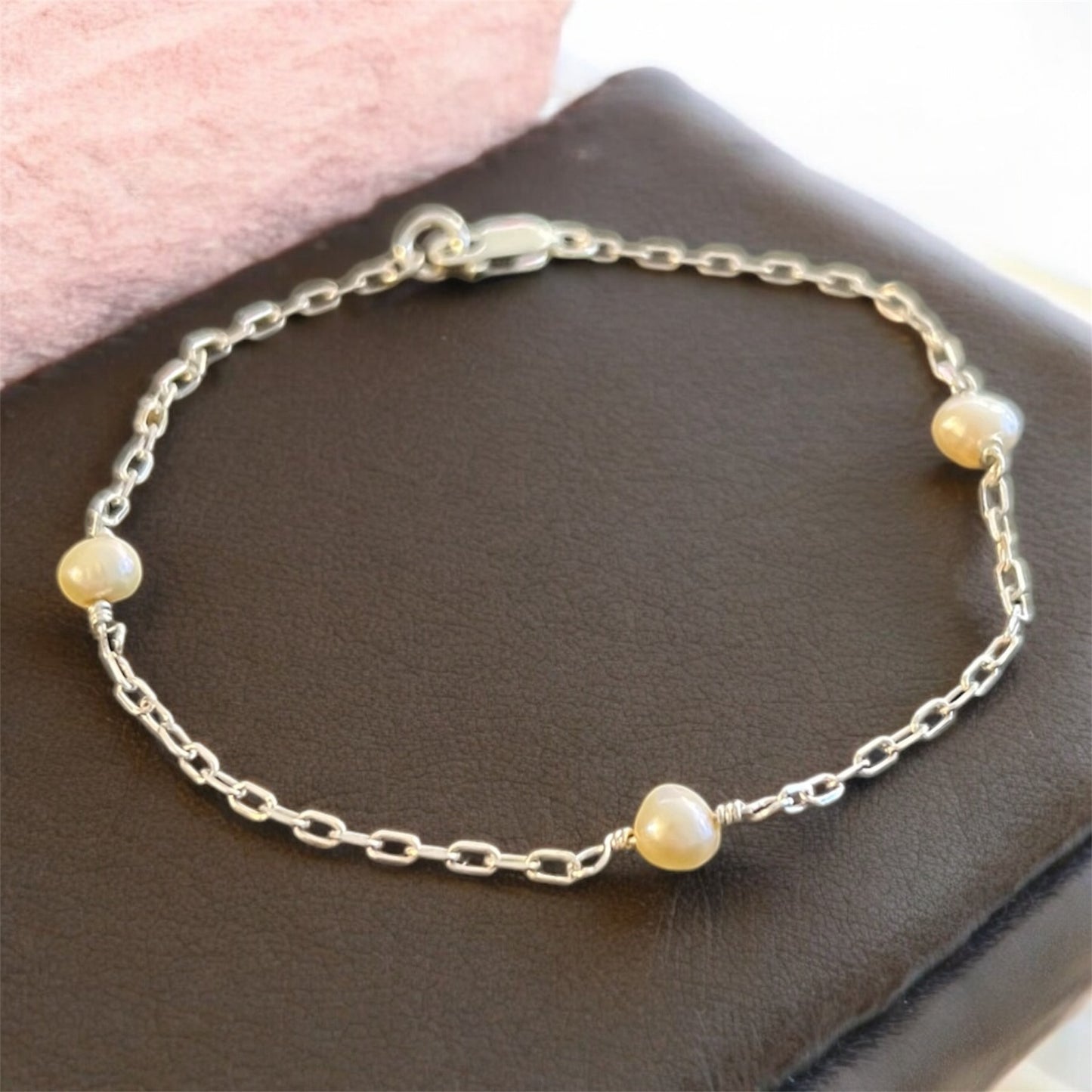 Freshwater 3 Pearl Sterling Silver Curb Chain Bracelet