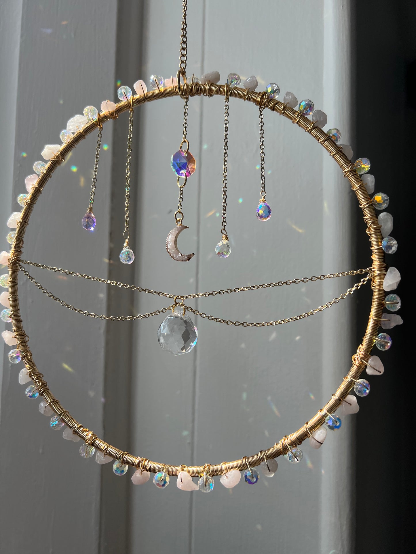 Draped Chain Rose Quartz Crystal Sun Catcher