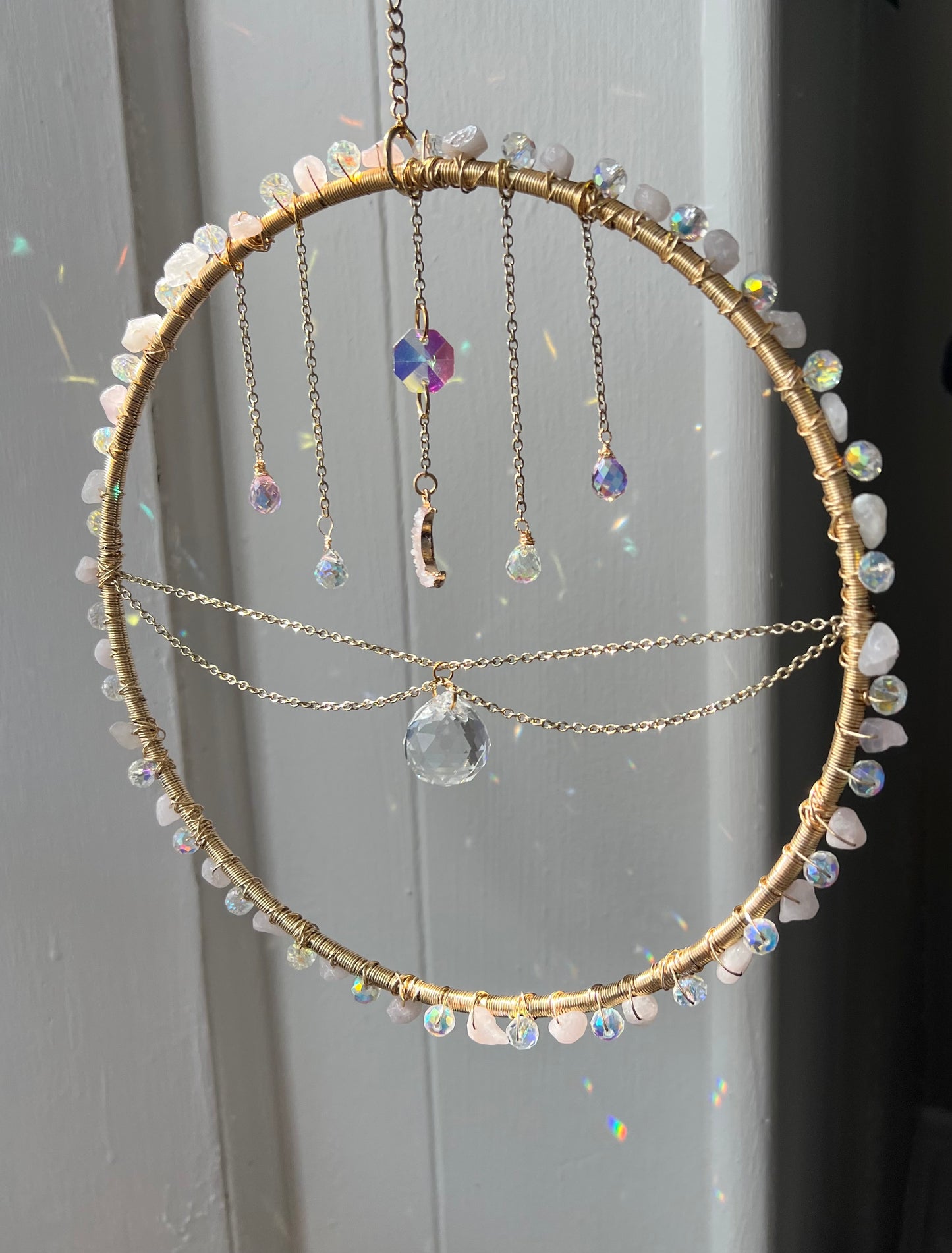Draped Chain Rose Quartz Crystal Sun Catcher