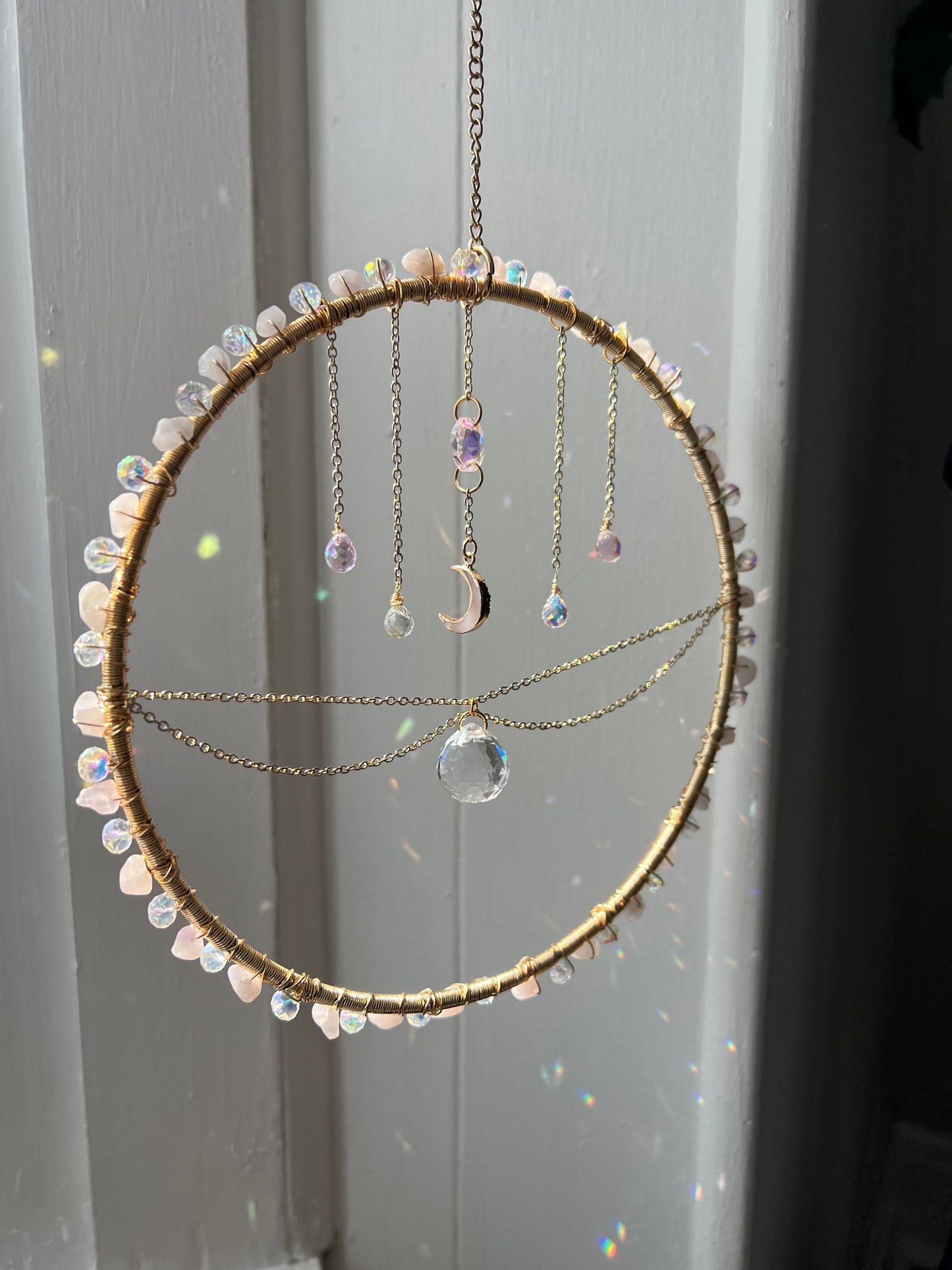 Draped Chain Rose Quartz Crystal Sun Catcher
