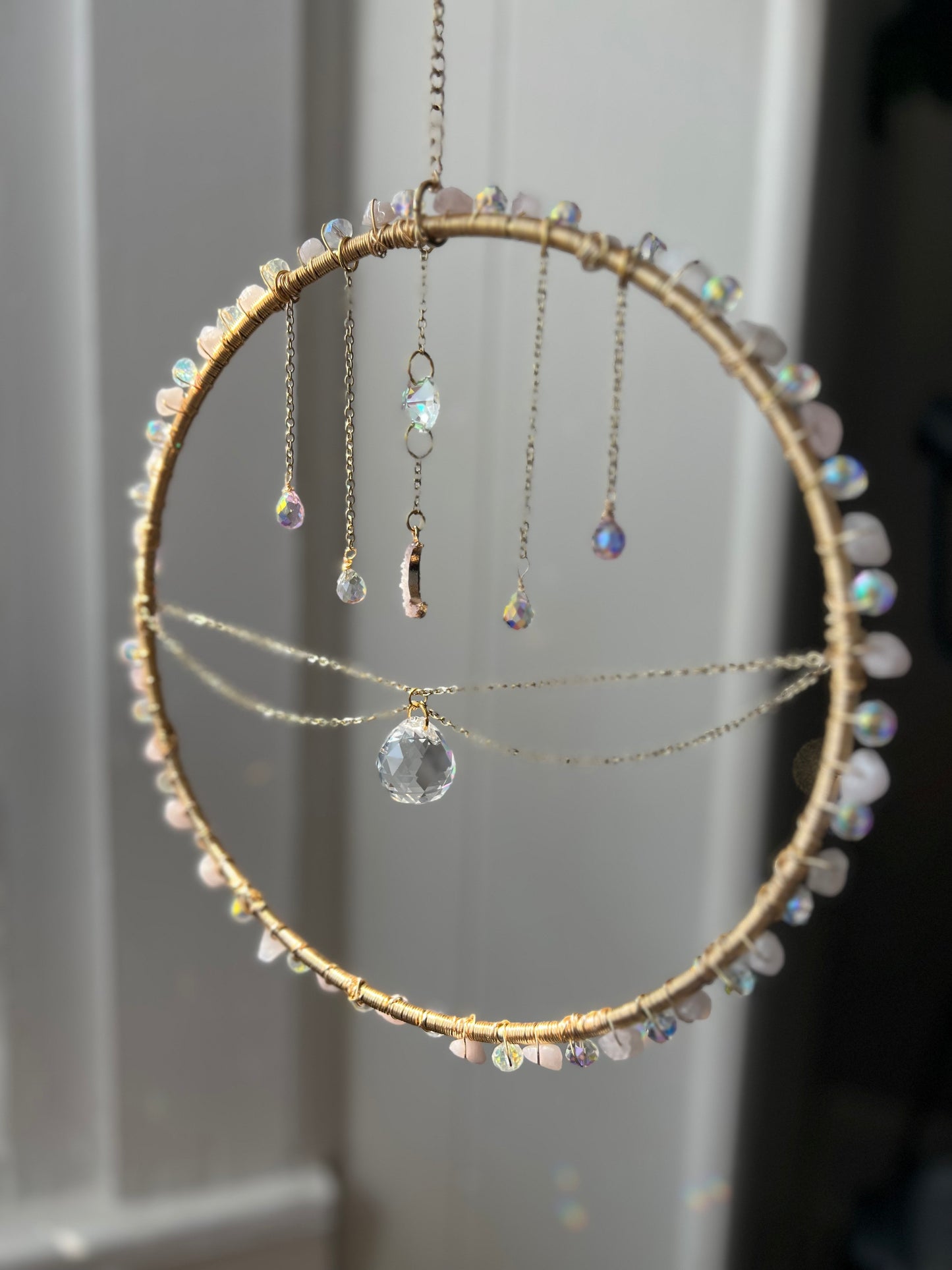 Draped Chain Rose Quartz Crystal Sun Catcher