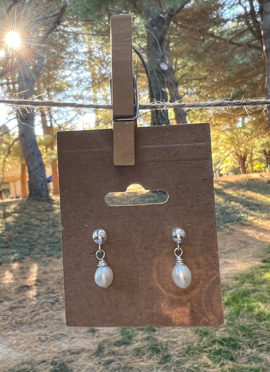 Sterling Silver Ball Post Pearl Drop Earrings